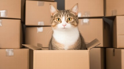 Fototapeta premium A curious cat sits in a cardboard box amidst stacked boxes, showcasing its playful nature and love for cozy spaces.