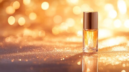 Golden perfume bottle on glitter, bokeh background, holiday advert