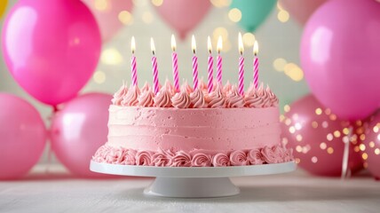 A pink birthday cake with candles sits on a white pedestal in front of colorful balloons and soft lights, creating a festive atmosphere.