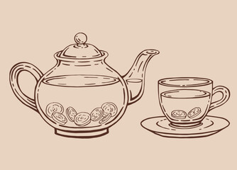Tea set with glass teapot and cup, ginger. Hand drawn vector illustration in outline style.