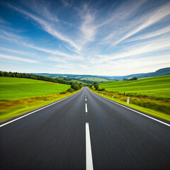 Fototapeta premium road in the countryside field. Empty road passing through grassy landscape under blue sky.