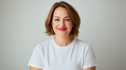 Fototapeta premium A smiling woman with short hair wearing a white t-shirt against a neutral background, exuding confidence and warmth.