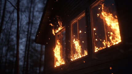 Obraz premium A house is on fire with flames coming out of the windows