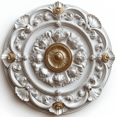 Golden ceiling medallion with swirls, ornament on a white background, 3D illustration, rendering.  Generative AI