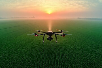 Drone Flying Over Lush Green Field at Sunrise for Agricultural Monitoring and Analysis