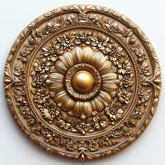 Golden ceiling medallion with swirls, ornament on a white background, 3D illustration, rendering.  Generative AI