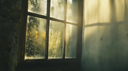 Misty window with diffused light behind curtain.