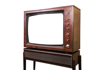 Old vintage television with white screen isolated on white background. Side view.PNG.