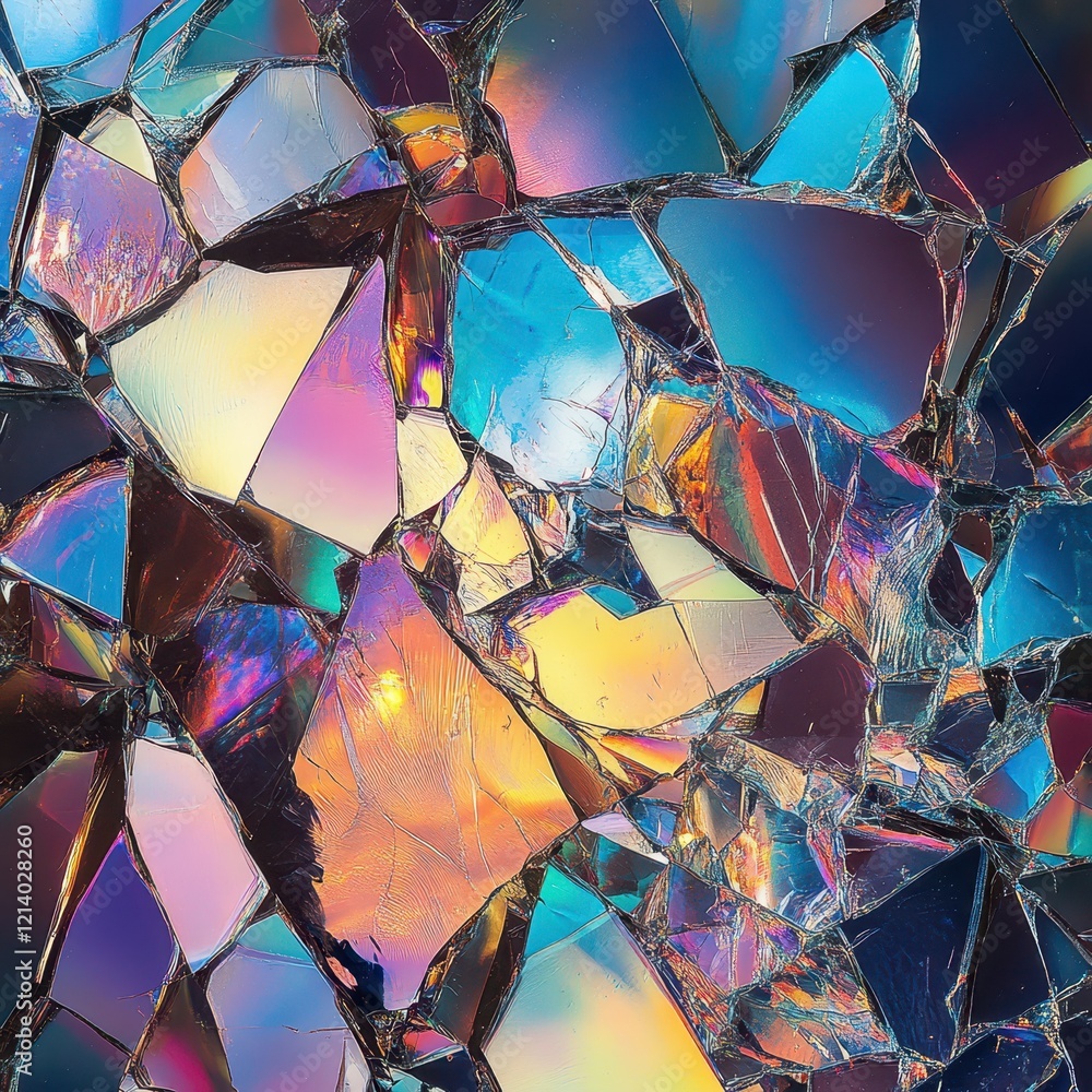 Poster abstract colorful broken glass texture with iridescent reflections and sharp edges