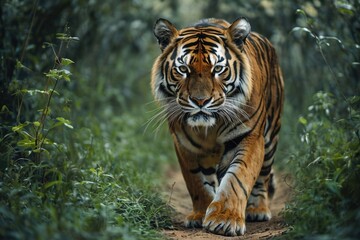 Obraz premium Close-up of a tiger walking through a lush green jungle path.