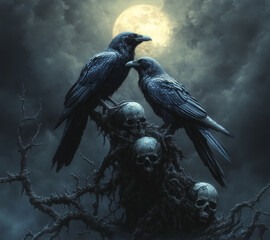 Fototapeta premium Dark Gothic Artwork with Ravens on Skulls and a Moonlit Background – Perfect for Music metal rock Album Covers or Mysterious Themes