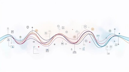 Business process diagram, abstract design depicting multicolored waves and various digital icons symbolizing technology and connectivity.