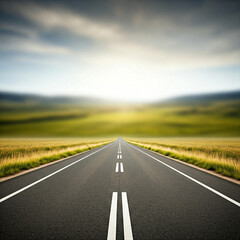 Obraz premium road in the countryside field. Empty road passing through grassy landscape under blue sky.
