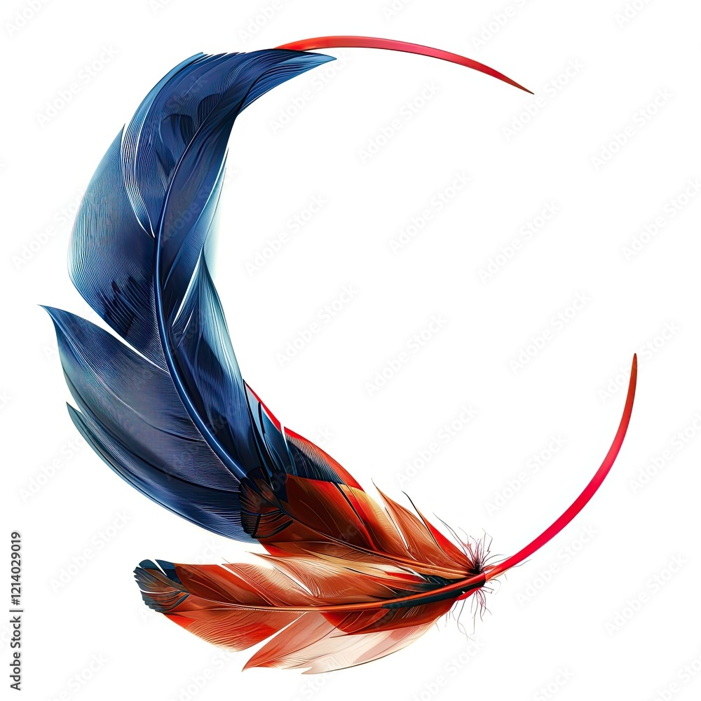 Poster a stylized design featuring blue and red feathers arranged in a circular shape. isolated on white ba