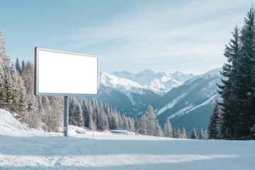 Blank Billboard on Snowy Mountain Ski Slope with Alpine Forest and Mountain View.
