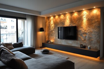 Fototapeta premium Modern living room with stone accent wall, sectional sofa, and flat-screen TV.