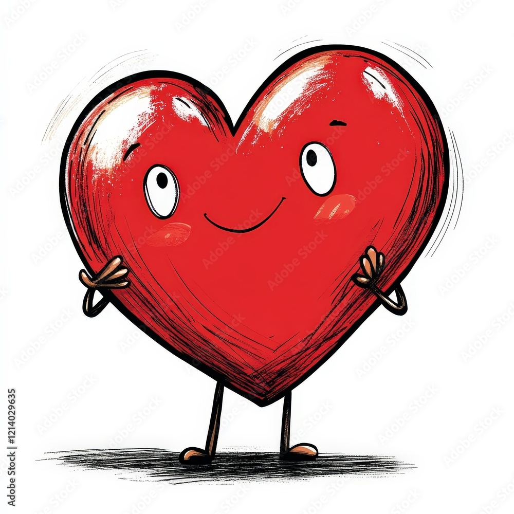 Poster cute red heart character with smiling face and joyful expression