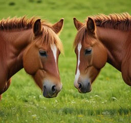 Obraz premium Close-up of wild mustangs grooming each other's coats in a green meadow, beautiful, muscular, relationship, manes