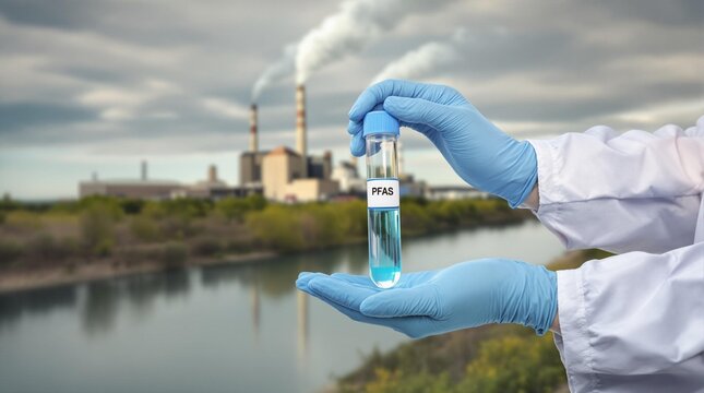 PFAS Testing for Water Quality and Contamination. Scientist's Hands Holding a Test Tube with Water with Text PFAS. Industrial Plant  or Factory Near the River