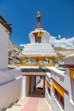 Spituk Monastery with a view of the Himalayas mountains. Spituk Gompa is a famous Buddhist temple in Leh, Ladakh, India.