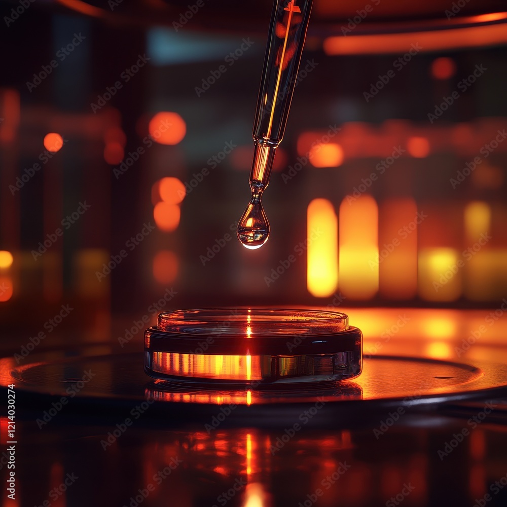 Poster pipette dropping liquid into petri dish, close-up in scientific laboratory setting with abstract bok
