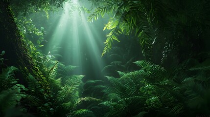 Fototapeta premium Lush evergreen forest with sunbeams streaming through the dense canopy creating a magical and tranquil atmosphere The verdant foliage and soft light evoke a sense of escape into the natural world