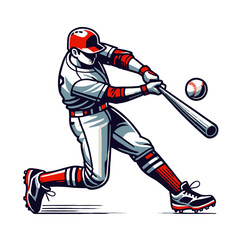 Powerful baseball player hitting the ball with force, wearing sports gear and showing determination. A dynamic and energetic sports illustration. Isolated vector illustration.