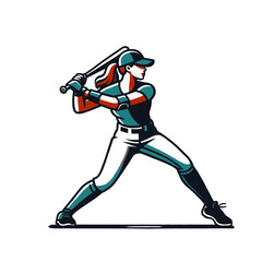 Obraz premium Female baseball player swinging a bat in a dynamic action pose, dressed in uniform and cap. Great for sports-themed design materials. Isolated vector illustration.