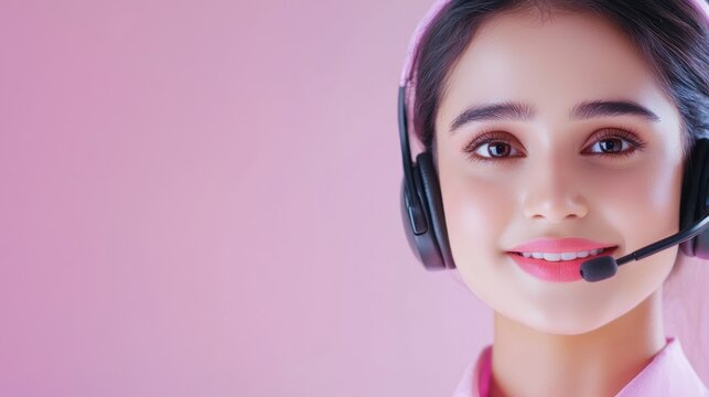 A cheerful customer service representative wearing a sleek headset, sitting at a modern desk with a glowing computer screen, bright office lighting.