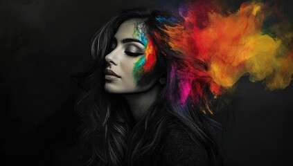 A vibrant portrait featuring a woman with colorful face paint highlighting her striking blue eyes and artistic expression