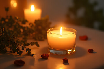 A glowing candle in a glass jar surrounded by leaves and tiny lights on a table