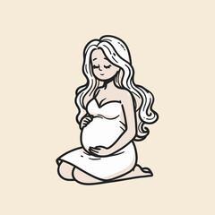 Cute cartoon-style pregnant woman sitting peacefully with long wavy hair, symbolizing happiness and love for the unborn child. Isolated vector illustration.