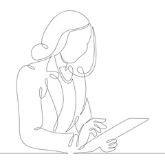 Young woman manager designer works on the Internet using a tablet. One continuous drawing line, logo single hand drawn art doodle isolated minimal illustration.