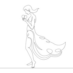 A graceful slender beautiful woman in a dress holds a heart in her hands. One continuous drawing line, logo single hand drawn art doodle isolated minimal illustration.