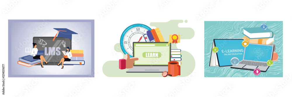 Poster lms learning management. educational tools and resources. e-learning and online education.set flat v