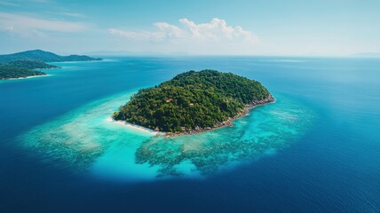 Aerial view of a lush green island surrounded by crystal-clear turquoise waters, showcasing a serene and tropical landscape.
