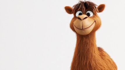 A cheerful animated camel character with a fluffy brown coat and an inviting smile.