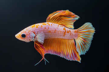 Fototapeta premium Plakat, Halfmoon betta fish, siamese fighting fish, capture moving of fish, betta splendens on dark black background