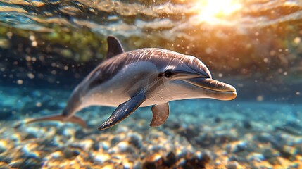 Dolphin swimming ocean sunset coral reef background