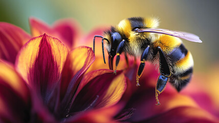 A close-up of a bee hovering near a vibrant flower, showcasing the intricate details of its body and the colorful petals.