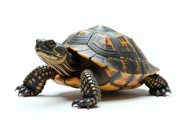 Close-up of a turtle with an intricate shell design and textured skin, displayed on a clean white background, symbolizing nature
