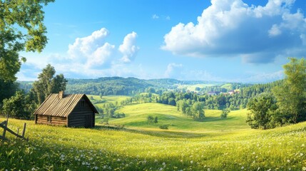 Obraz premium Picturesque Rural Scene Wooden Cabin in a Flower Meadow with Rolling Hills and Cloudy Blue Sky.