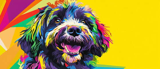 Vibrant C1 Portuguese Water Dog with Colorful Abstract Coat Posing Playfully in a Bright Outdoor Setting Showcasing Unique Patterns and Lively Personality