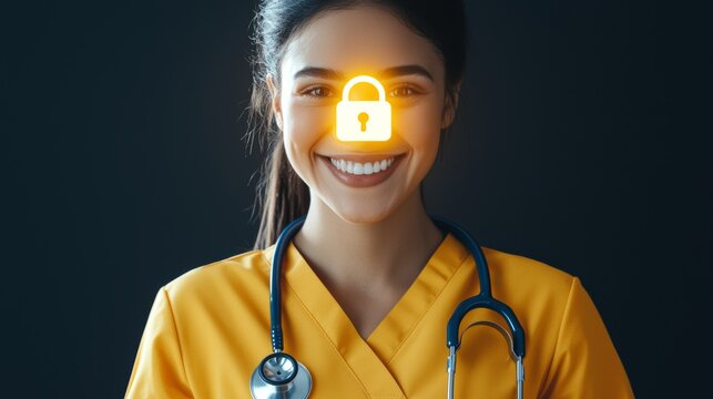 A nurse smiling while holding a stethoscope, with a glowing lock symbol floating above, symbolizing secure and compassionate healthcare.