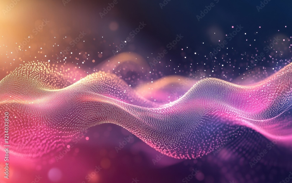 Poster abstract wavy pink and purple particle mesh with bokeh lights background.