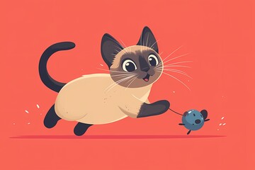 Fototapeta premium flat cartoon illustration of playful Siamese cat playing a toy mouse