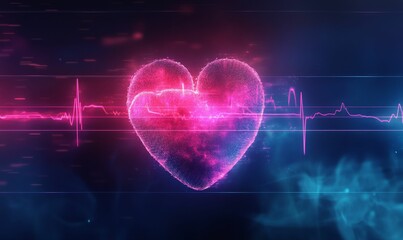 Glowing heart with heartbeat line on dark background.