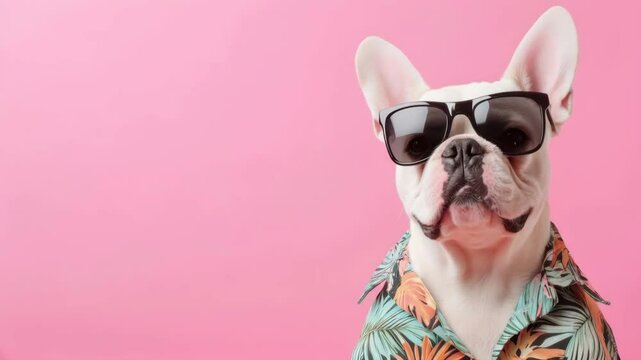 Playful French Bulldog in Sunglasses and Tropical Shirt Against Pink Background Fun Pet Fashion Statement for Animal Lovers