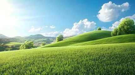 Fototapeta premium Lush green rolling hills and meadows under a bright blue sky with fluffy white clouds in a picturesque serene countryside landscape Tranquil pastoral scene with natural beauty and scenic vista
