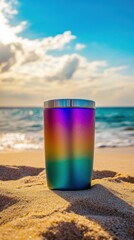 Colorful Mug on Sandy Beach Against Calm Ocean and Blue Sky